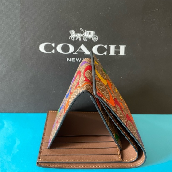 NWT Coach 3 In 1 Wallet In Rainbow Signature Canvas Gunmetal/Khaki Multi - Picture 5 of 8